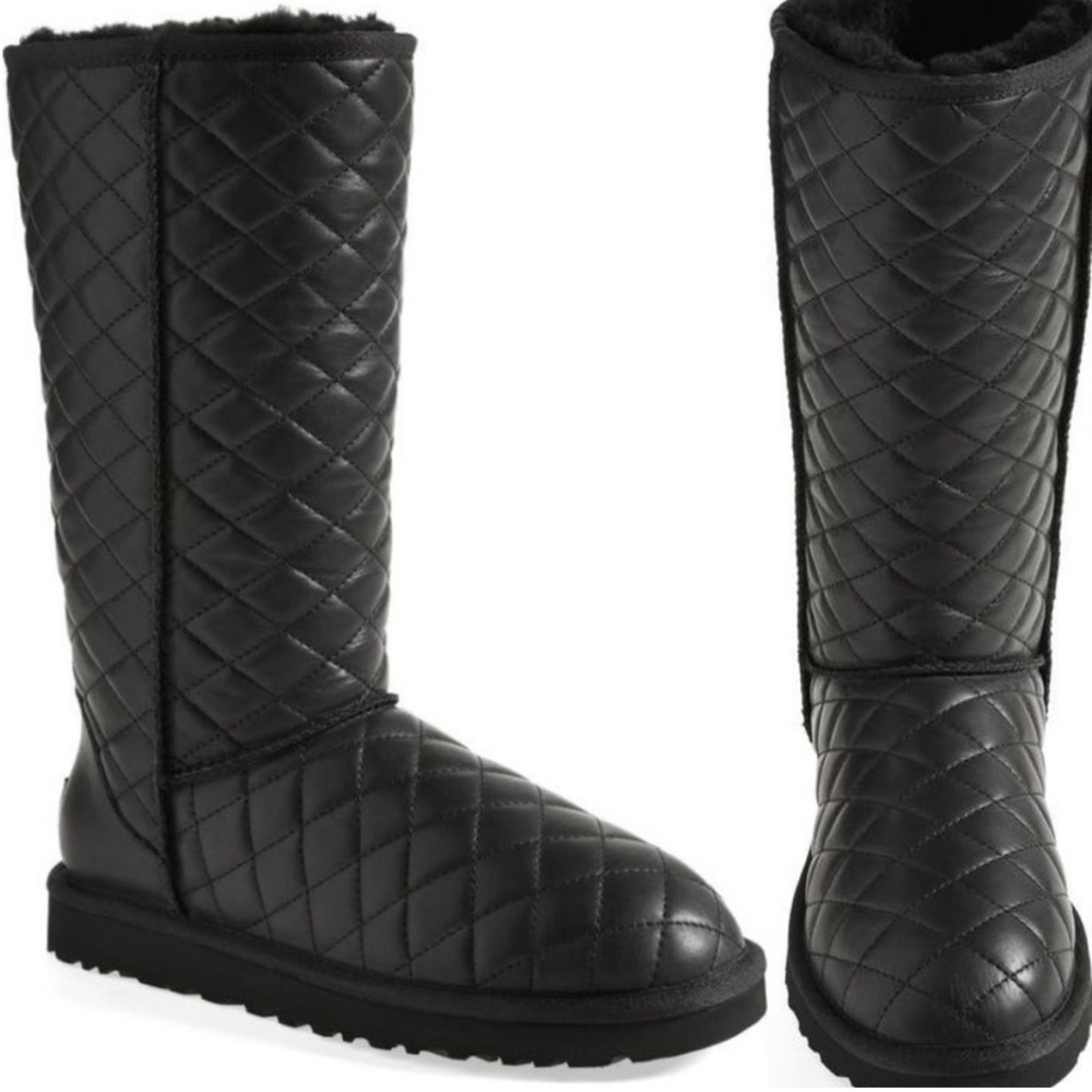 UGG Women's Black Classic Tall Diamond Quilted Leather Boots Size: 8